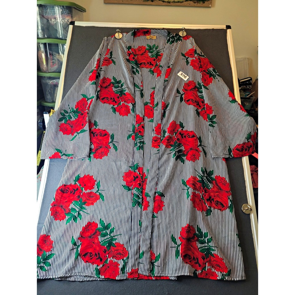 JORA Black/White Stripe Red Rose Floral Shift Knee Dress Pockets 3/4 L Kimono